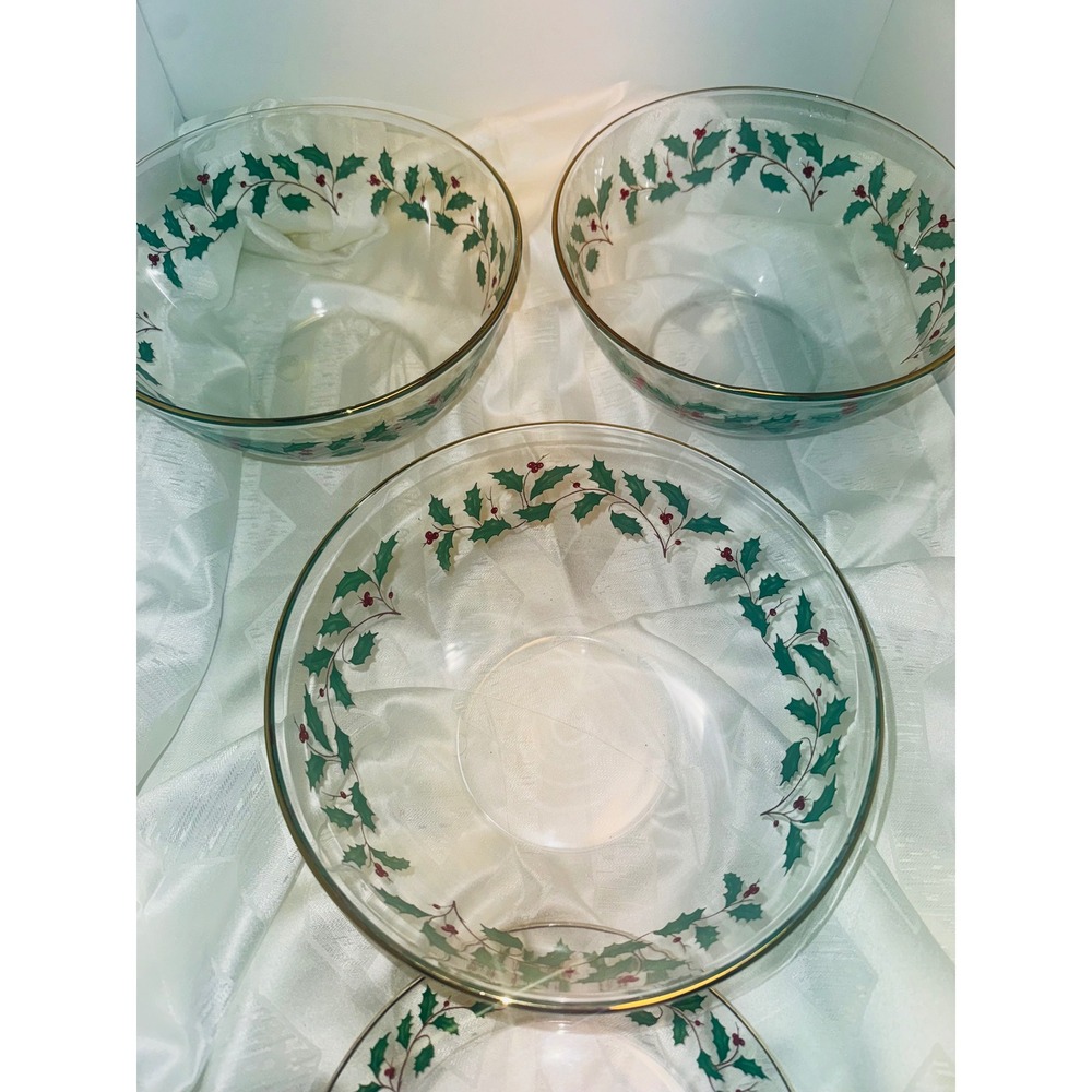 Lenox Set ARC France Christmas Holly Berry Glass Serving Bowl 22KT Gold Trim 9" - Picture 2 of 9